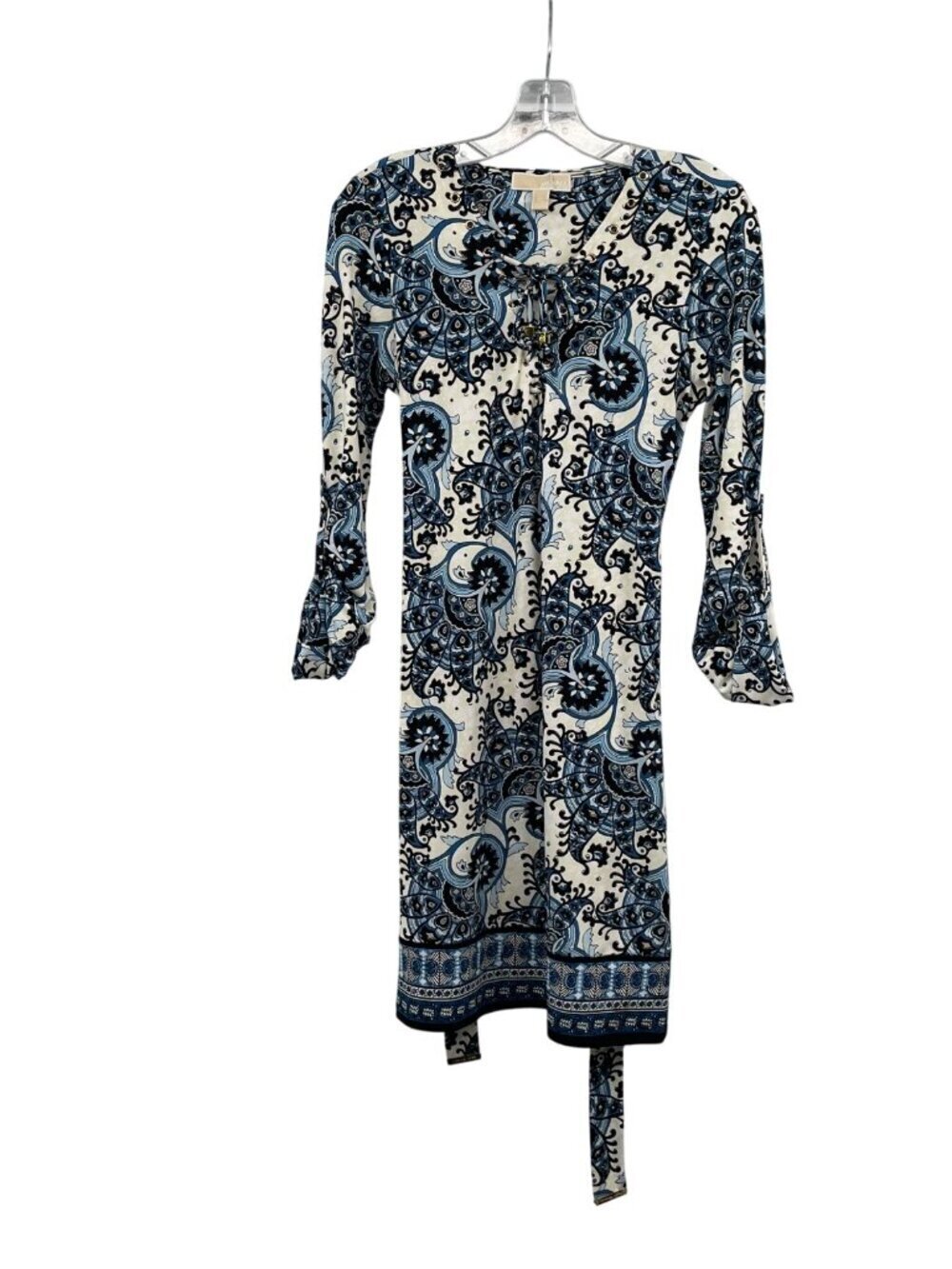 Michael Kors Paisley Shift Dress Crisscross Neck Long Roll Tab Sleeve Size XS